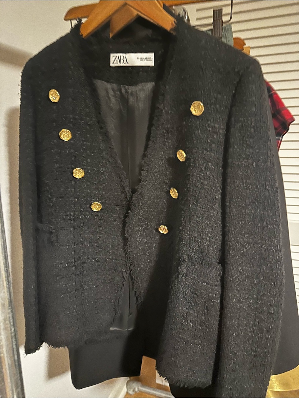 ZARA Black Tweed Double-Breasted Blazer with Gold Buttons (No Collar)